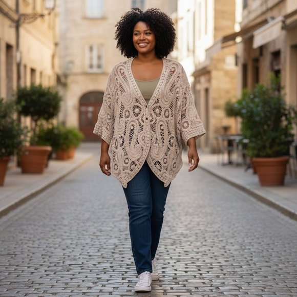Az Sweaters - Boho Crochet Open Knit Cardigan Sweater 100% Cotton Cream Ivory Festival Cottage